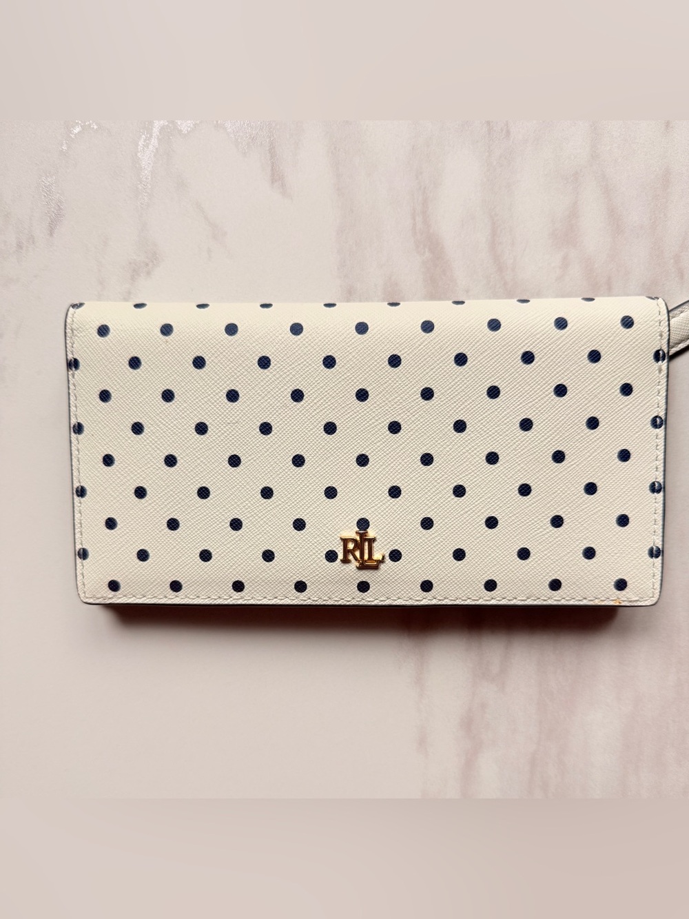 Ralph Lauren Cream Wallet with Dark NavyPolka Dots and Gold RL Hardware